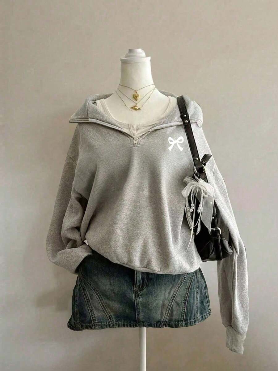 SHEIN ChillGRL 少女款蝴蝶印花拉链卫衣，休闲简约灰色卫衣，舒适百搭 - 灰色 - 查看 1