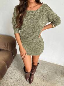 Aloruh Đầm mini ôm sát dáng dài tay, cổ thuyền, chất liệu vải tweed dày dặn, màu nâu, kiểu dáng thanh lịch, thường ngày, dành cho nữ, thích hợp cho mùa thu/đông. - màu xanh lá - Xem 8