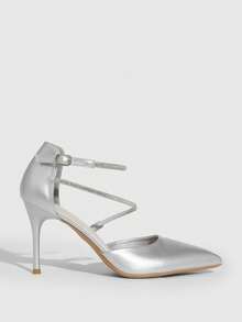 CUCCOO SZL 女士尖头高跟鞋黑色水钻绑带时尚性感通勤OL高跟镂空鞋 - 銀色 - 查看 2