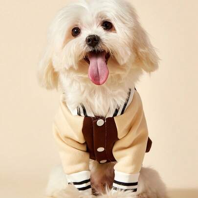PETSIN 1pc Sports Style White Letter Printed Pet Jacket Beige With Brown Accents, Thickened Warm And Casual Pet Clothing