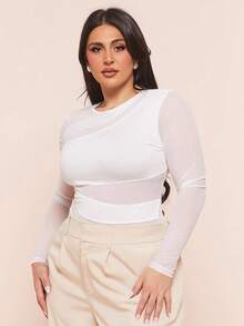 SHEIN BAE 大码女式黑色透视网纱拼接不对称连体衣，长袖，性感时尚，秋冬款 - 白色 - 查看 4