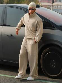 DAZY Solid Color Khaki Patch Design Men's Pullover Pullover Sweatshirt Set, Spring/Autumn