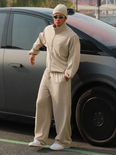 DAZY 纯色卡其色拼接设计男士套头衫卫衣套装，春秋季