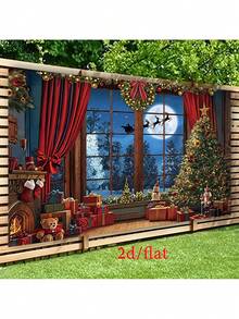 1 Piece Of Christmas Themed Party Background Fabric - Holiday Window Scenery, Tree And Gift Scenes, And Snow Santa Claus Sled, Polyester Fabric Suitable For Weddings, Birthdays, Festivals - No Electricity Required, Easy To Install, Christmas Decoration, Holiday Background Design, Flat Design - Multicolor - View 4