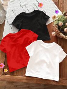 SHEIN 3pcs Young Girl Summer Red Satin School T-Shirt,Cute Bowknot & Strawberry Print Round Neck Short Sleeve Basic Tee,Casual Versatile Comfortable Chic - Multicolor - View 2