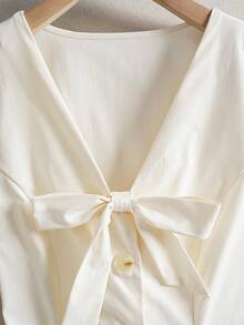 Franclia Women's Cream White Elegant Summer Dress,V-Neck Short Sleeve Button Down A-Line Skirt With Bow,Tea Party French Vintage Preppy Office Working Outfit - Beige - View 3
