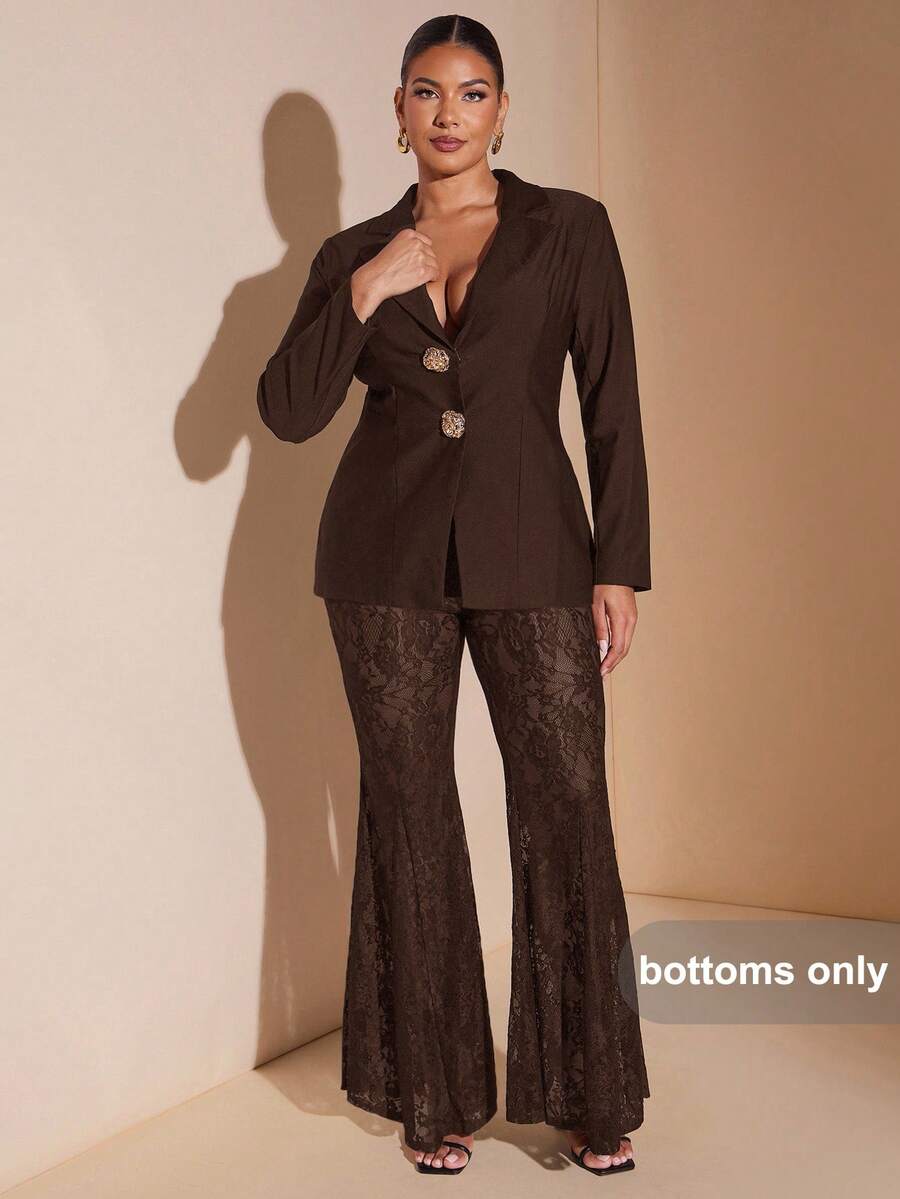 SHEIN BAE 大码女式黑色纯色性感蕾丝喇叭裤，适合夏季音乐节派对、海滩派对、锐舞派对、节日庆典等场合。 - 咖啡棕 - 查看 1