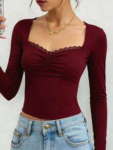 Tween Girls Lace Trim Elastic Fitted Ribbed Long Sleeve T-Shirt Red Long Sleeve Top Red Tops For Teen Girls Fitted Long Sleeve Top Cute Tight Shirts For Tween Girls - Burgundy - View 3