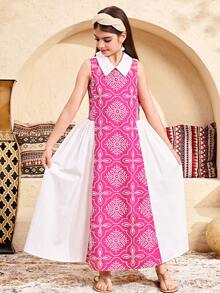 SHEIN Tween Girl Embroidered Woven Contrast Color Ditsy Floral Round Neck A-Line Dress,White,Summer,Cute,Elegant,Party,Vacation,Holidays,Special Occasions - Pink - View 5