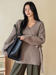 Dazy-Less 女士休闲落肩长袖开衫，秋冬款 - 灰色 - 查看 3