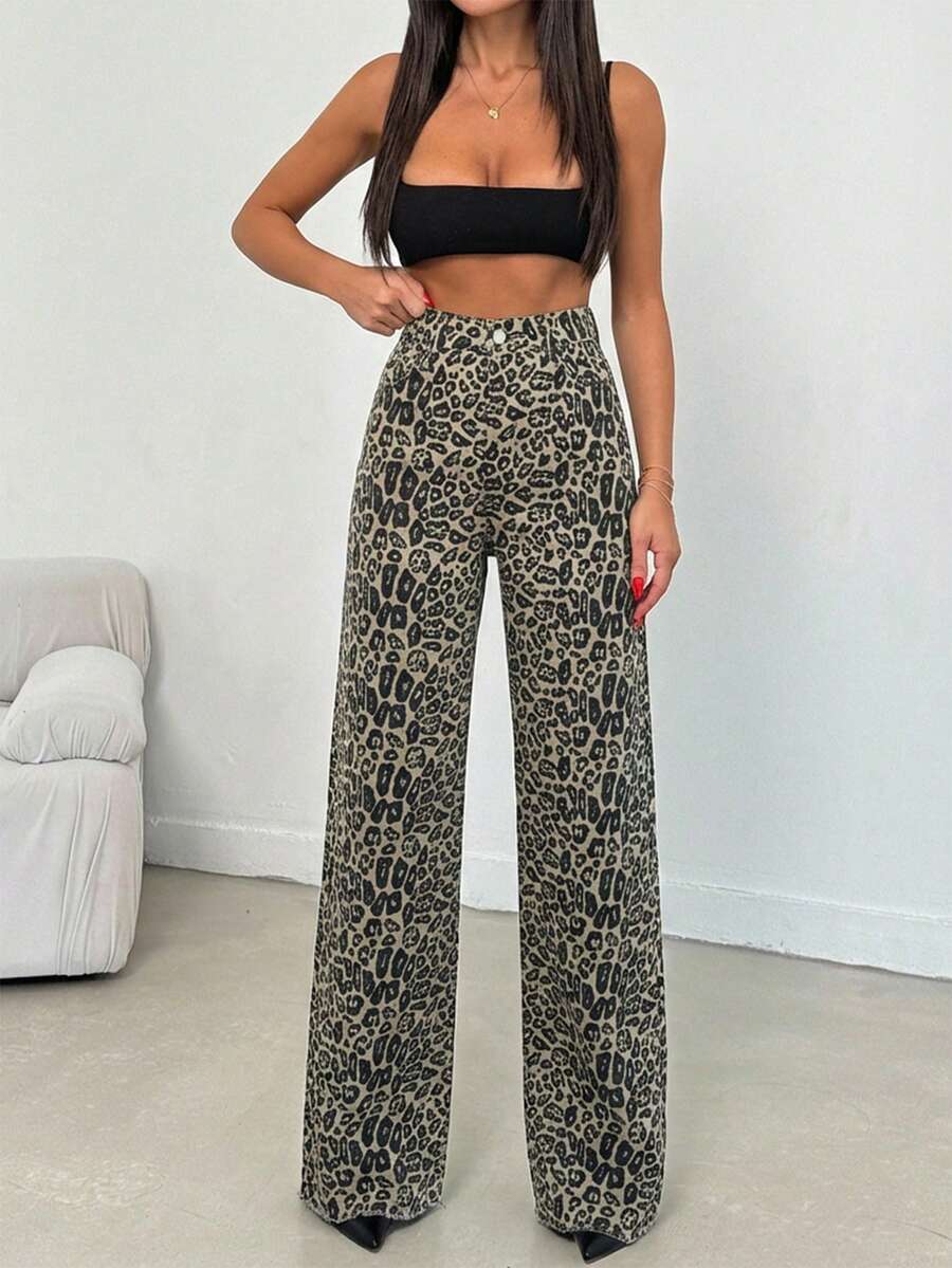 100% Cotton MID RISE WIDEEG CUT LEOPARD JEAN - Multicolor - View 1