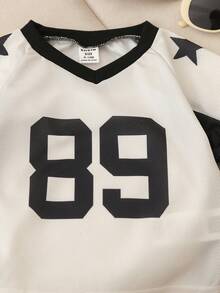 SHEIN Playful Pals 1pc Toddler Baby Boys Sporty Active American Football Style White Black Colorblock Number 89 Star Letter Graphic Print Short Sleeve V-Neck Pullover Soft Breathable Mesh Texture T-Shirt Tee Top Jersey Shirt Clothes Outfits For Sport Playwear Daily Summer Spring - Black and White - View 4