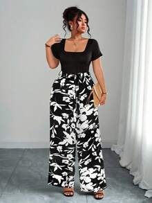SHEIN Tall Plus Size Women Floral Print Square Neck Casual Everyday Commute Short Sleeve Jumpsuit - Black - View 4
