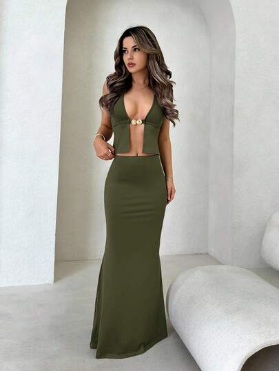 Jemour Women Sexy Solid Color Backless Halter Top And Low Waist Long Skirt 2 Pieces Set