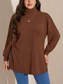 SHEIN LUNE Plus Size Solid Color Turtleneck Drop Shoulder Split Hem Tee , Winter Going Out New Years Women Holiday Brown T-Shirt Plus Size Solid Color T Shirt Chocolate Brown Top Brown Tops For Women Coffee Brown Top Brown Sweater - Coffee Brown - View 3
