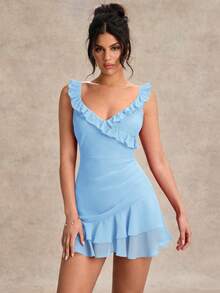 Vestido mini elegante y versátil con cuello en V, volantes y color rojo para el Día de San Valentín - Celeste - Ver 7