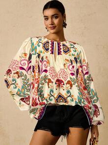 Travachic Plus Size Women Tropical & Pattern Long Sleeve Crew Neck Tie Front Blouse Fall - Apricot - View 3