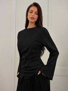 Aloruh Women's Autumn/Winter New Stylish Commuter Waist Ruched Asymmetric Hem Long Flare Sleeve V-Neck Pullover Blouse Spring - Black - View 5