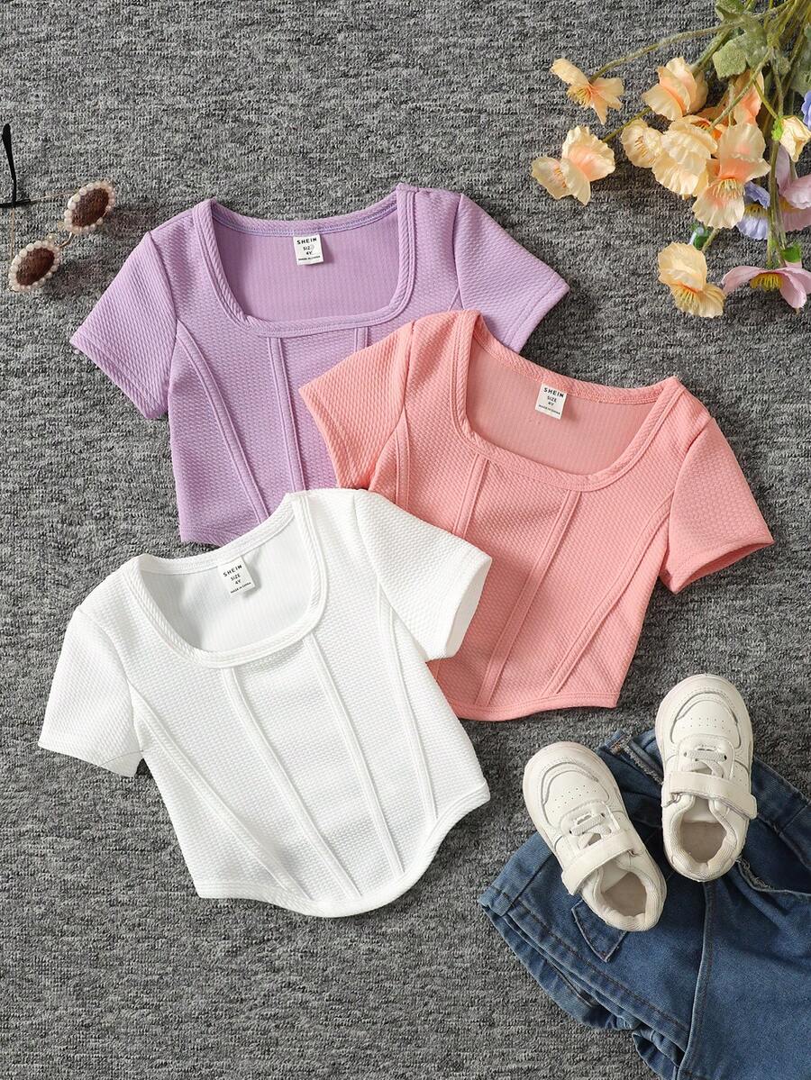 SHEIN 3件套少女休闲时尚可爱T恤 - 彩色 - 查看 1