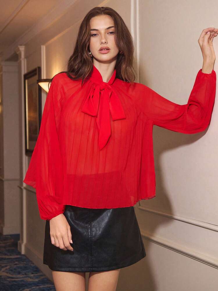 SHEIN Maija Women's Elegant Solid Color Tie Neck Long Sleeve Blouse Tie Front Blouse Red Blouses Bow Top Women Sheer Blouse Tie Neck Blouse Bow Blouse