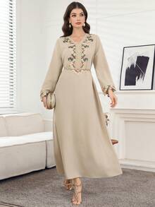 Yasmyna Women's Casual Vacation Style Patchwork Lace Applique V-Neck Flare Sleeve Loose Arabic Traditional Long Dress, Spring Arabic-Style Long Kaftan Robe, Arabic Women's Dress, Turkish Dress, Abaya Robe, Traditional Women's Dress Arabic Style Long Dress Kaftan Jalabiya Dress Arabic Dress For Women Turkish Dress Abaya Dress Abaya For Women - Apricot - View 7