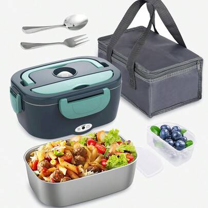 Teckwe Hộp cơm điện kiêm máy hâm nóng thức ăn, 7 trong 1, máy hâm nóng di động bằng thép không gỉ, hộp, nĩa và thìa, màu xanh lá cây, thích hợp cho người lái xe/người đi làm/làm quà tặng - Phích cắm EU