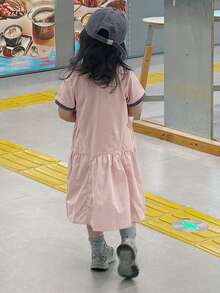 Dazy Kids 女婴休闲字母印花圆领短袖连衣裙，夏季 - 粉色 - 查看 6