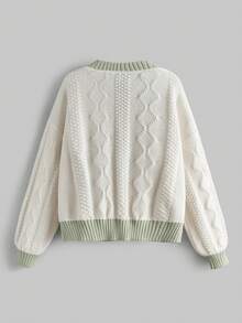 ROMWE Fairycore Contrast Color V-Neck Long Sleeve Front Button Floral Embroidery Cardigan - Multicolor - View 4