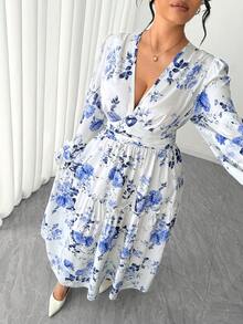 Elenzga 大码女式优雅蓝白碎花印花褶皱复古风腰带A字荷叶边长裙，适合毕业典礼、节日、情人节、音乐节、母亲节、万圣节、感恩节、复活节、国庆节、晚会、约会、派对、婚礼、户外活动等场合。女式碎花夏季连衣裙，印花长裙，蓝白碎花连衣裙，长款碎花连衣裙，蓝白连衣裙。 - 藍白色 - 查看 2