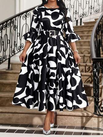 Fleurora Plus Size Women Geometric Print Round Neck Flare Sleeve Elegant Dress