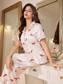 SHEIN Chinese Style Luxurious Jacquard Pattern Crane & Cloud Print Short Sleeve Top And Pants Set - Apricot - View 3