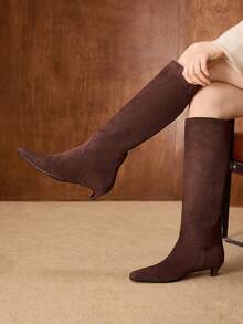 MOTF WOMEN SQUARE TOE HEELED KNEE-HIGH BOOTS FOR CHRISTMAS FALL SHOES - Brown - View 5