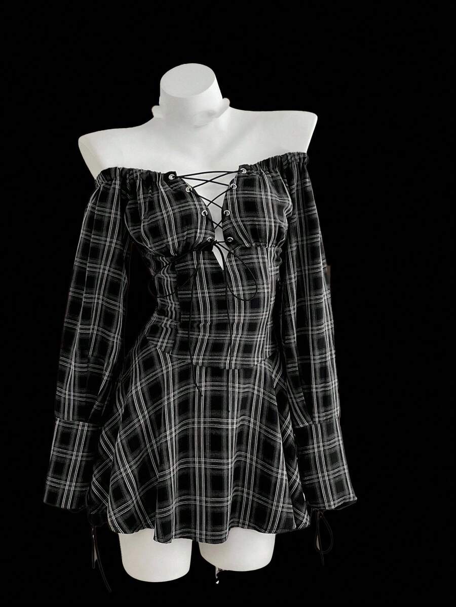 Flirla Plus Size Off-Shoulder Plaid Tie-Up Long Sleeve A-Line Short Dress - Multicolor - View 1