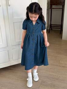 Đầm denim trơn màu, cổ bẻ, kiểu Hàn Quốc, đa năng dành cho bé gái. - Màu xanh lam - Xem 4
