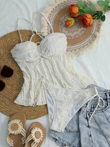 Swim Mod 女士纯色杏色纹理面料串珠装饰吊带背心和比基尼套装，适合夏季海滩度假 - 杏色 - 查看 3