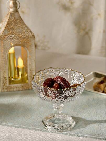 Cirelle Golden Rimmed Footed Glass Bowl - Elegant Dates Server For Ramadan & Eid, Daily Hospitality Dessert Dish, Decorative Centerpiece