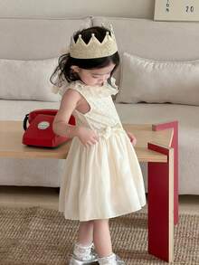 DAZY 女童韩版休闲荷叶边蕾丝纯色清新生日派对连衣裙 - 米色 - 查看 8