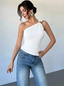 Firerie Women Elegant Summer Metallic Buckle Decor Asymmetric Neck Side Leather Pleat Office Lady Sleeveless Blouse, Women Fall Top One Shoulder Top Light Brown Top Nude Top Women Top Office Outfits For Women,Summer Top,Suitable For Vacation, Nightclub, Wedding Guest - White - View 7