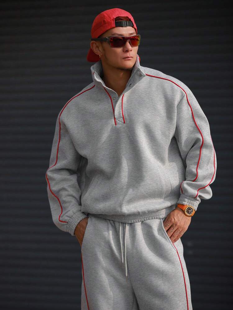 Men's Thickened Oversized Gray & Red Contrast Stitching Half-Zip Pullover Sweatshirt Set, Autumn/Spring