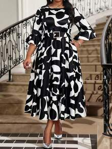 Fleurora 大码女士几何印花圆领喇叭袖优雅连衣裙 - 彩色 - 查看 4