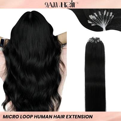 微环接发，100%真人发，1号色，亮黑色，14-24英寸直发，50束/包，隐形珠加厚微环接发，带鱼线，无需胶水，易于造型，适合细软发质，也适合沙龙使用。适合所有女性日常佩戴，冬季、圣诞节、万圣节、秋季服装搭配。