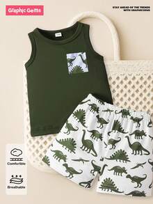 SHEIN 一套男婴时尚简约可爱恐龙印花仿口袋设计上衣和恐龙印花短裤套装，夏季