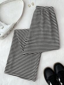 Teen Girl Knitted Striped Drawstring Waist Casual Pants Black And White Clothes For Tween Girls - Black and White - View 2