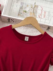 SHEIN Girls' Elegant Dress, Round Neck Ruffle Sleeve, Wavy Front Skirt, Charming Style, Suitable For Party, Casual, Gift, Spring/Summer - Red and White - View 3