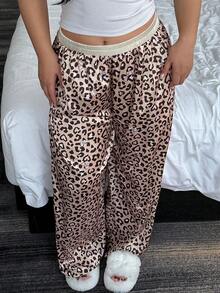 Dazy Plus Elastic Waist Contrast Color Leopard Print Loose Long Pajama Pants With Cute Bow Print - Brown - View 1