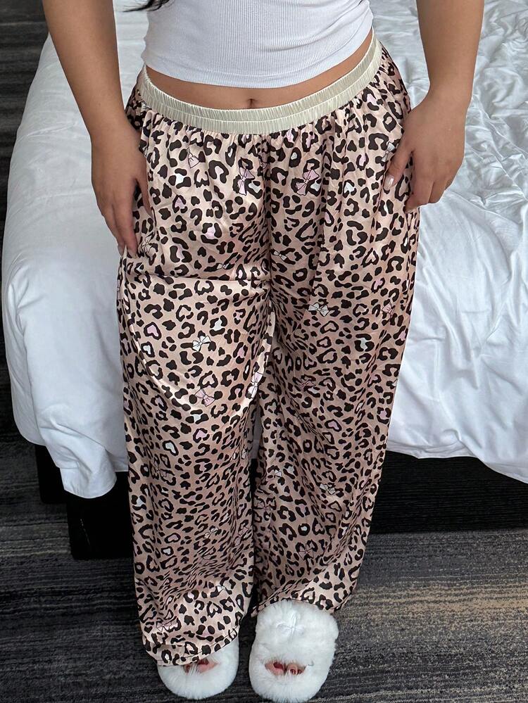 Dazy Plus Elastic Waist Contrast Color Leopard Print Loose Long Pajama Pants With Cute Bow Print