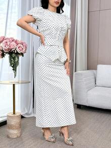 Modelyn 女士优雅通勤波点印花衬衫和半裙两件套 - 彩色 - 查看 4