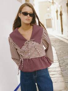 Nöista Áo sơ mi dài tay kết hợp giữa họa tiết kẻ caro và sọc. Lý tưởng cho kỳ nghỉ xuân, các hoạt động lễ hội ở khu nghỉ dưỡng và phong cách xuân hè. - Màu Đỏ Sâu - Xem 3