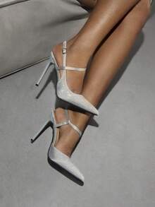 CUCCOO SZL Women's Apricot Rhinestone Embellished Slip-On High Heel Pumps Valentine's Day - Light Grey - View 7