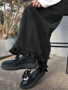 FRIFUL Women's Solid Color Minimalist Casual Denim Skirt